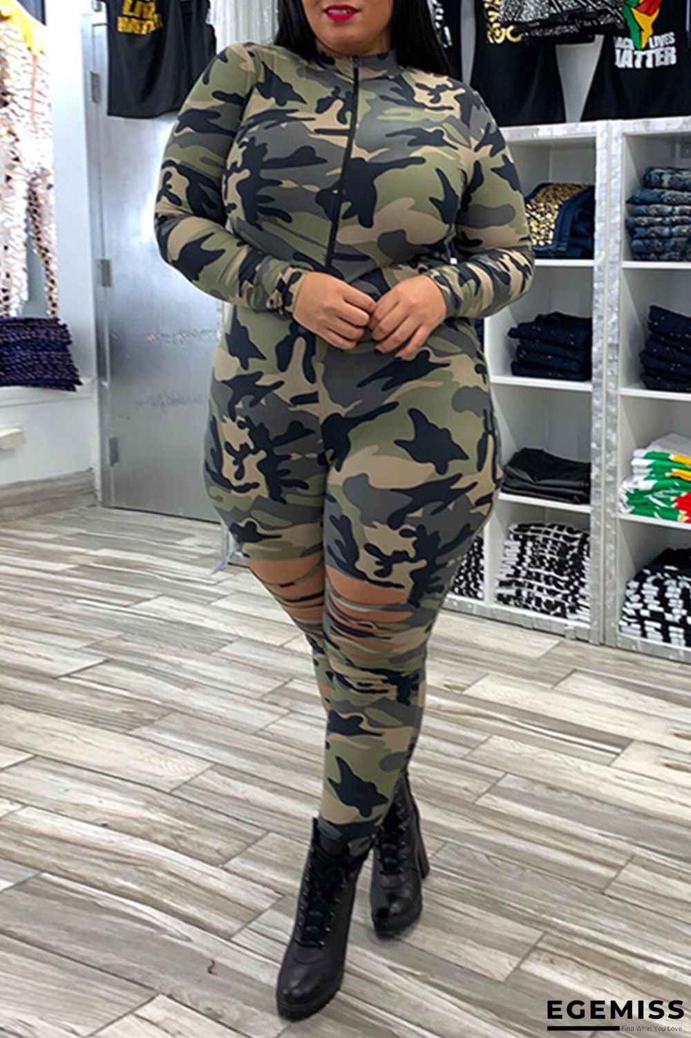 Camouflage Fashion Casual Camouflage Print Ripped Zipper Collar Skinny Jumpsuits | EGEMISS