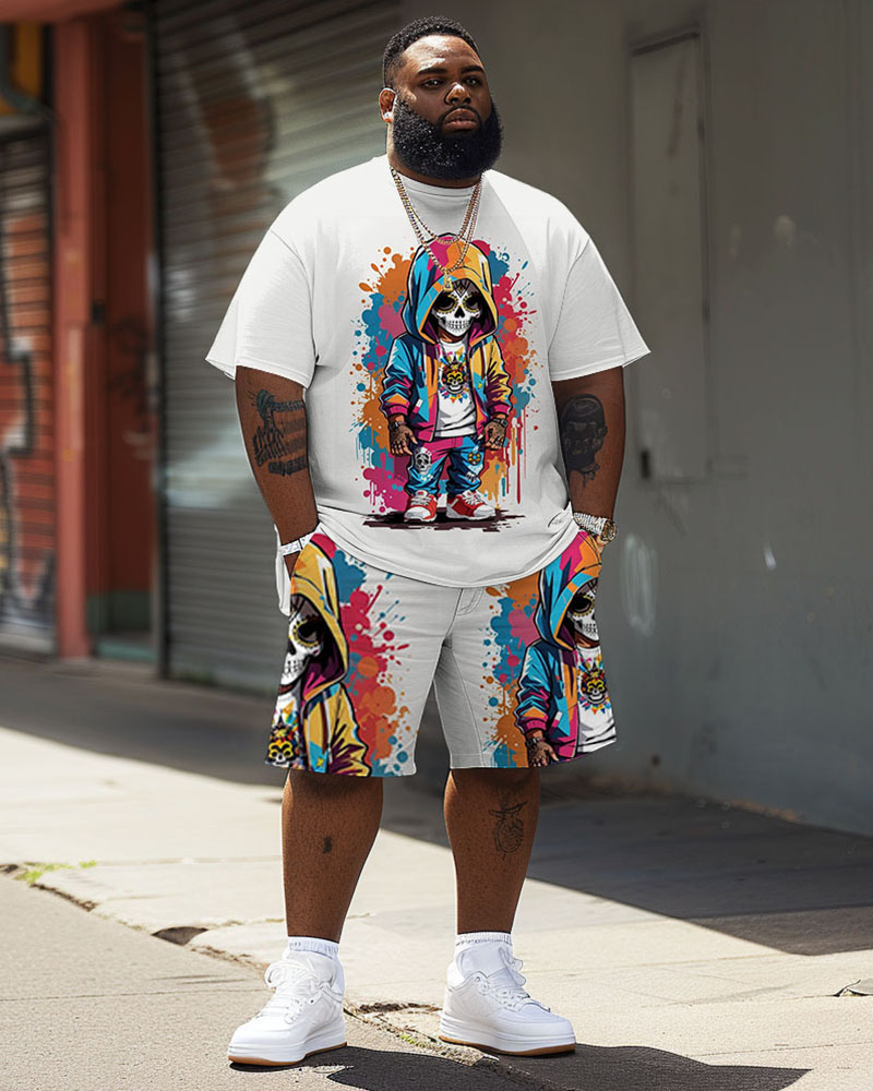 Men's Plus Size Street Fashion Colorful Graffiti Skull Print T-Shirt Shorts Suit