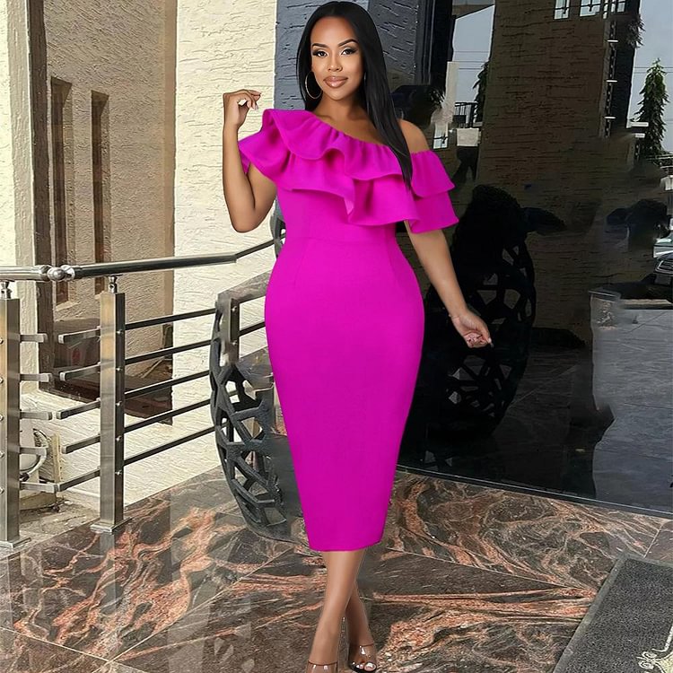 Promsstyle Promsstyle Ruffled One Shoulder Slim Midi Dress Prom Dress 2023