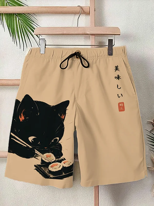 Men's Black Cat Eating Sushi Japanese Art Print Casual Shorts