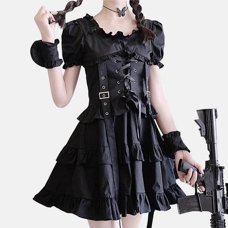 Lace Up Buckle Ruffle Cake Dress