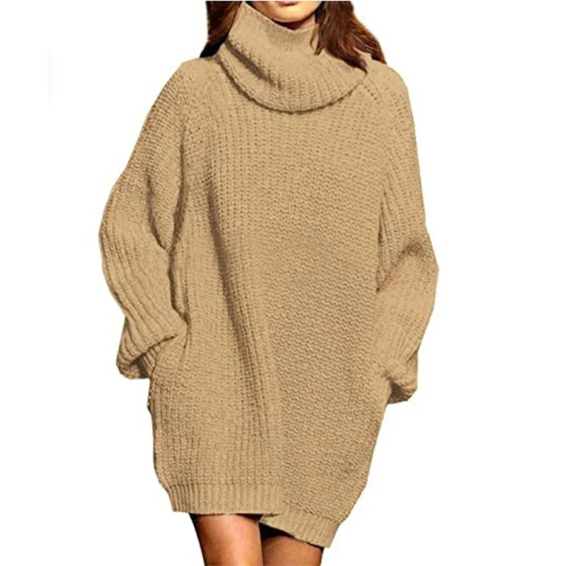 Wongn Wongn And Winter New Fashion Long Sleeve High Collar Pocket Long Dress Loose Sweater Woman
