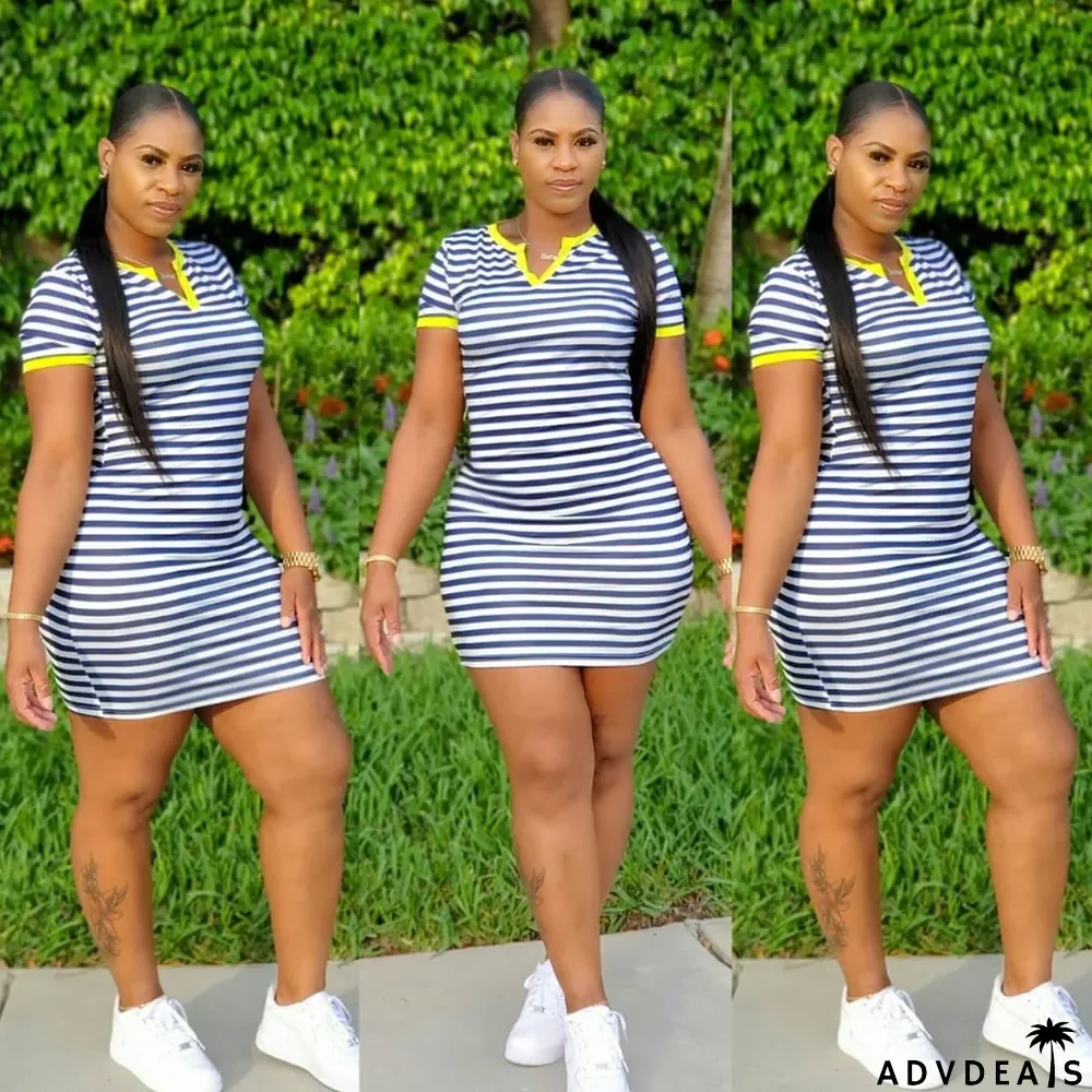 Casual Striped V Neck Short Sleeve Mini Dress