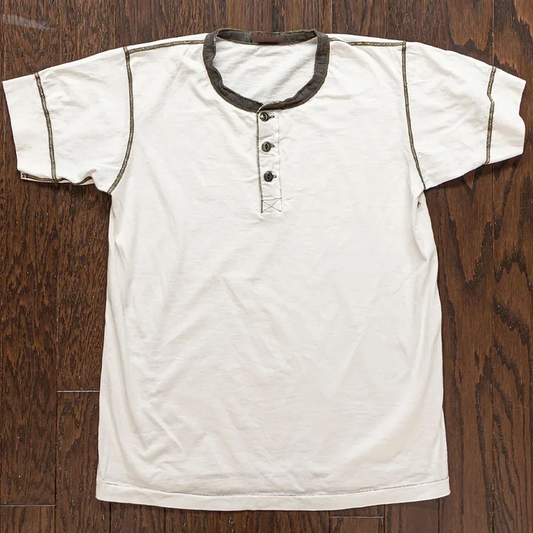 Vintage Cotton Stitched Henley Neck Short Sleeve T-Shirt