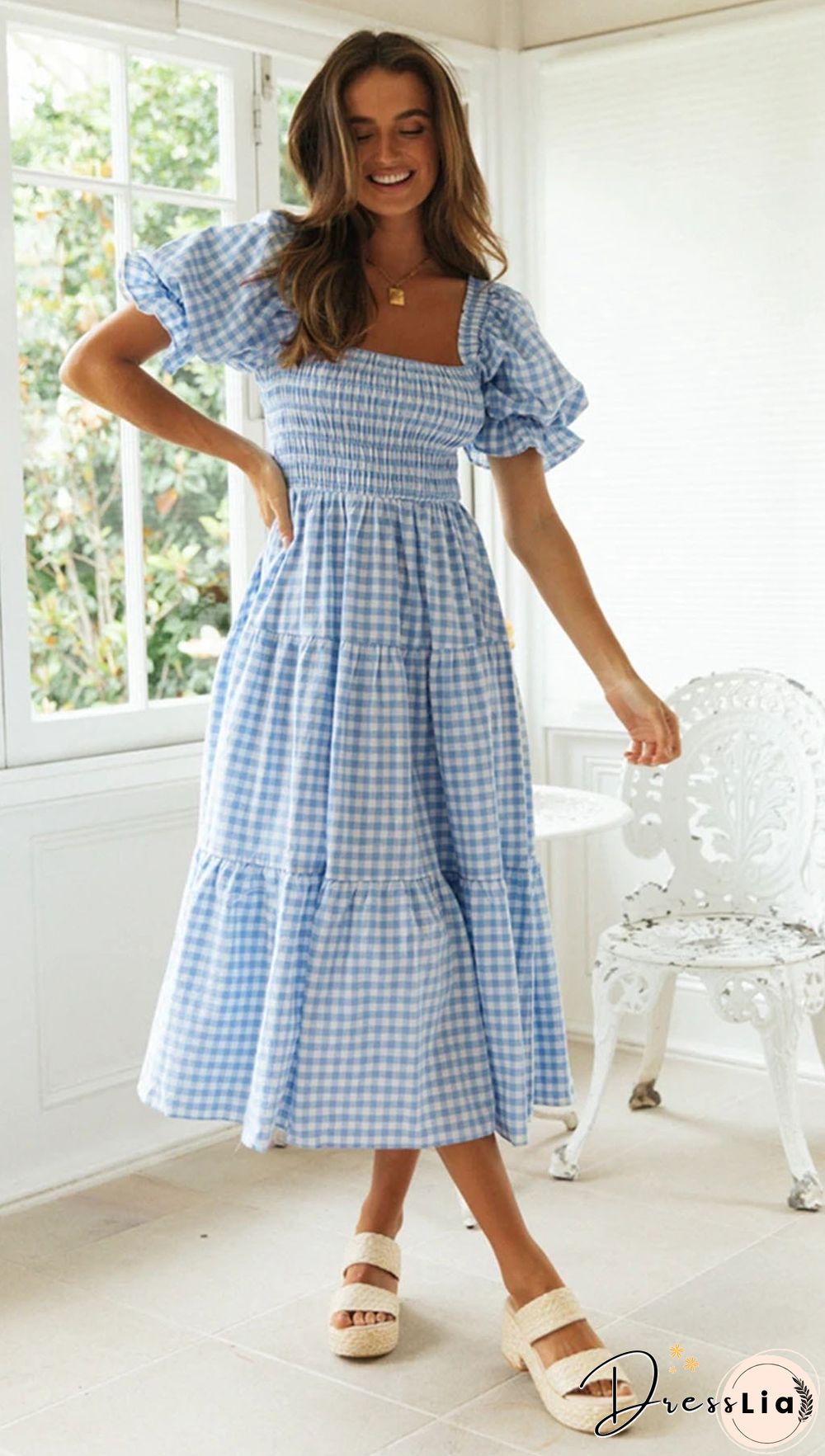 Plus Size Women Puff Square Neck Full-length Checked Plaid Dress Summer Holiday Maxi Dress Party Dress Vestidos