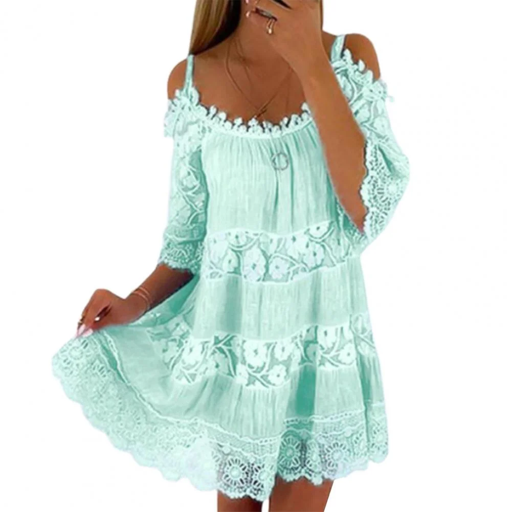 Scoop Neck Half Sleeves Loose Fit Summer Dress Embroidery Crochet Lace Cold Shoulder Mini Dress Female Clothing