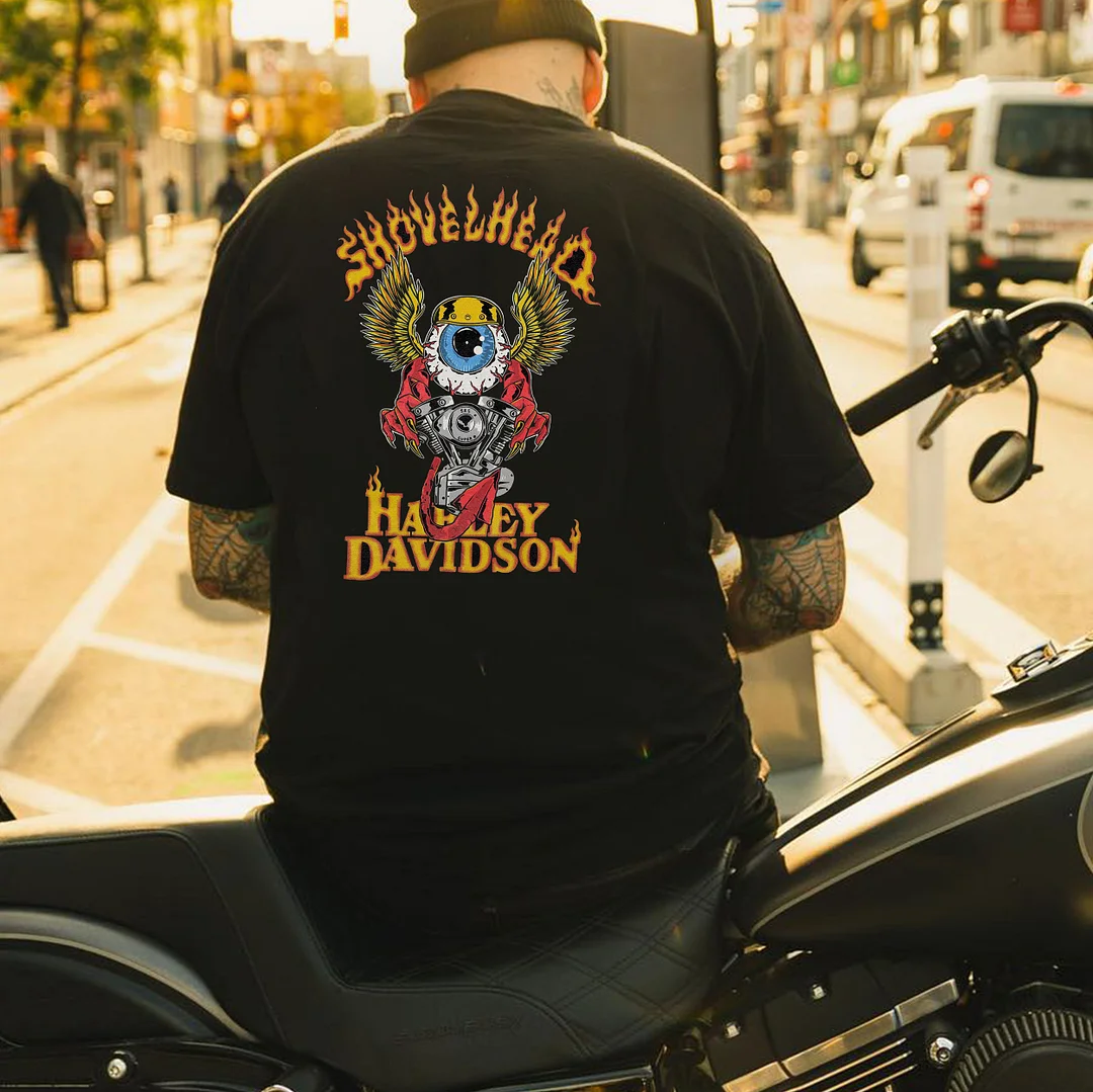 SHOVEL HEAD Riding Motor Black Print T-Shirt