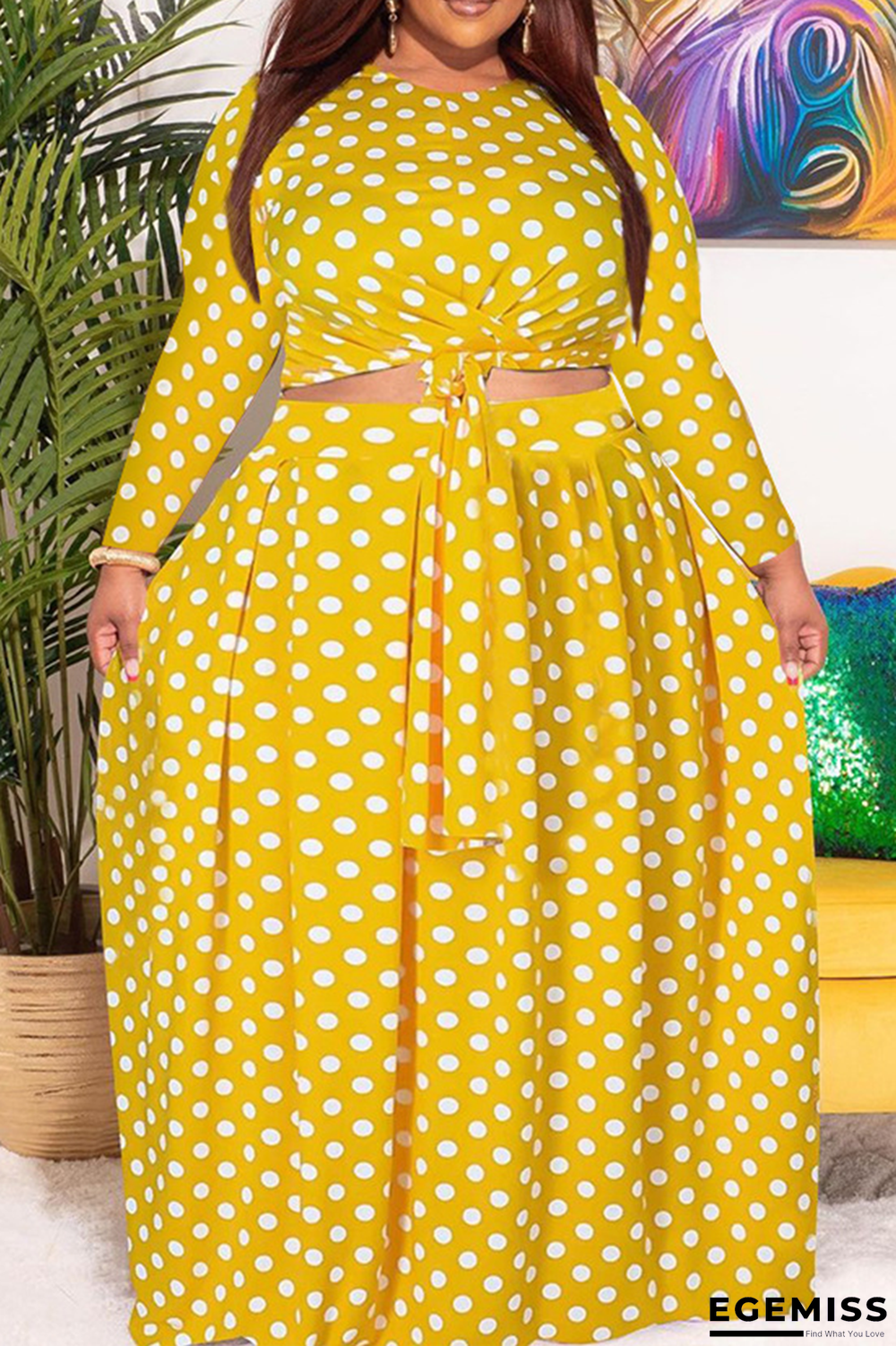 Yellow Casual Dot Patchwork O Neck Cake Skirt Plus Size Two Pieces | EGEMISS