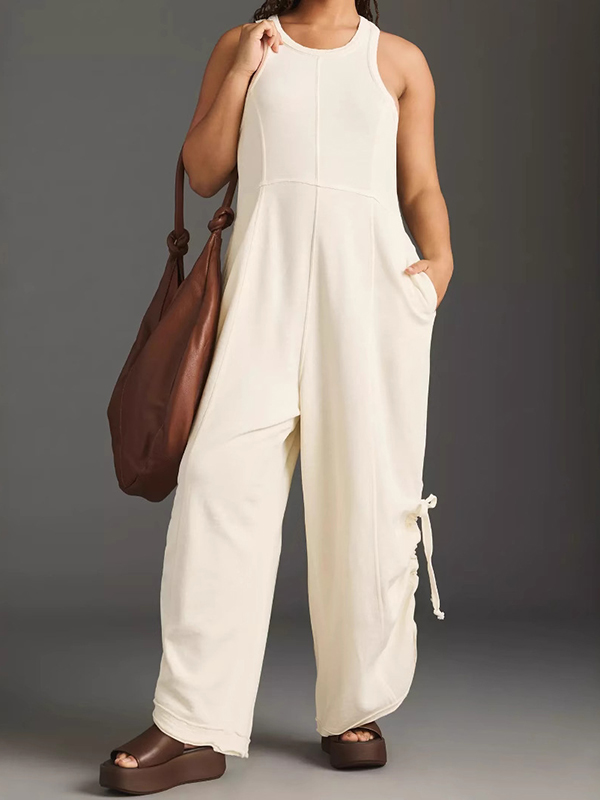 Sleveeless Round Neck Drawstring Detail Side Pockets Straight Leg Jumpsuit
