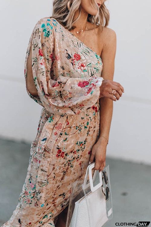 One Shoulder Print Split Ruffle Calf Length Dress