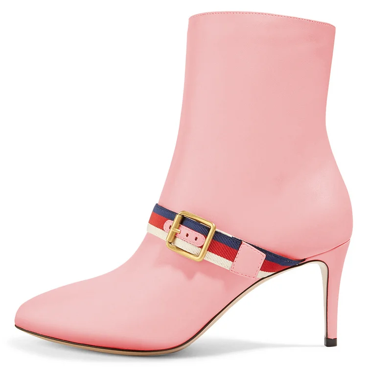 Pink Buckle Strap Fashion Almond Toe Ankle Boots |FSJ Shoes