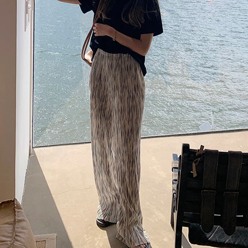 Churchf Summer Pleated Tie Dye Pants Women Korean Style Straight Wide Leg Trousers Woman High Waisted Streetwear Pants Feamle-Outfit Ideas