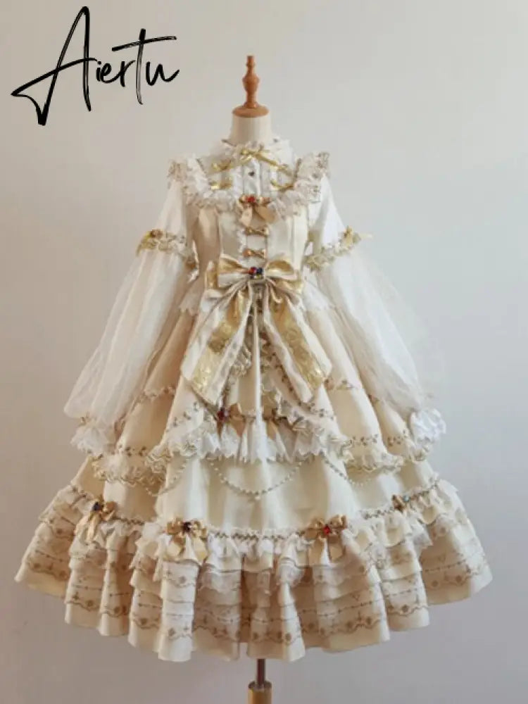 Kawaii Girl Gothic Lolita Loli Cos Princess Tea Party Sweet Lolita Dress Vintage Lace Bowknot Cute Printing Victorian Dress Aiertu