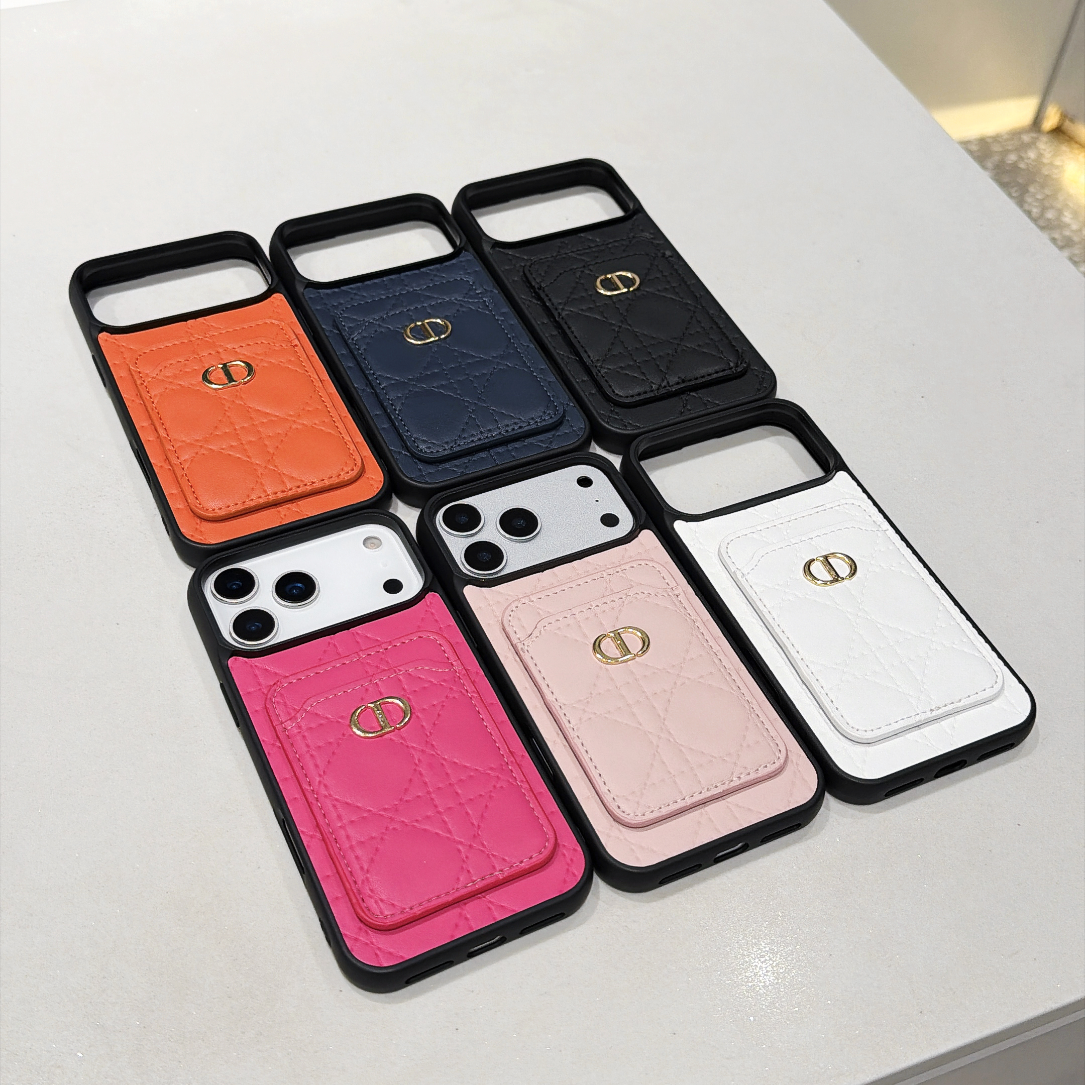 Elegant Dior Cannage Quilted Leather Cardholder Case for iPhone Series