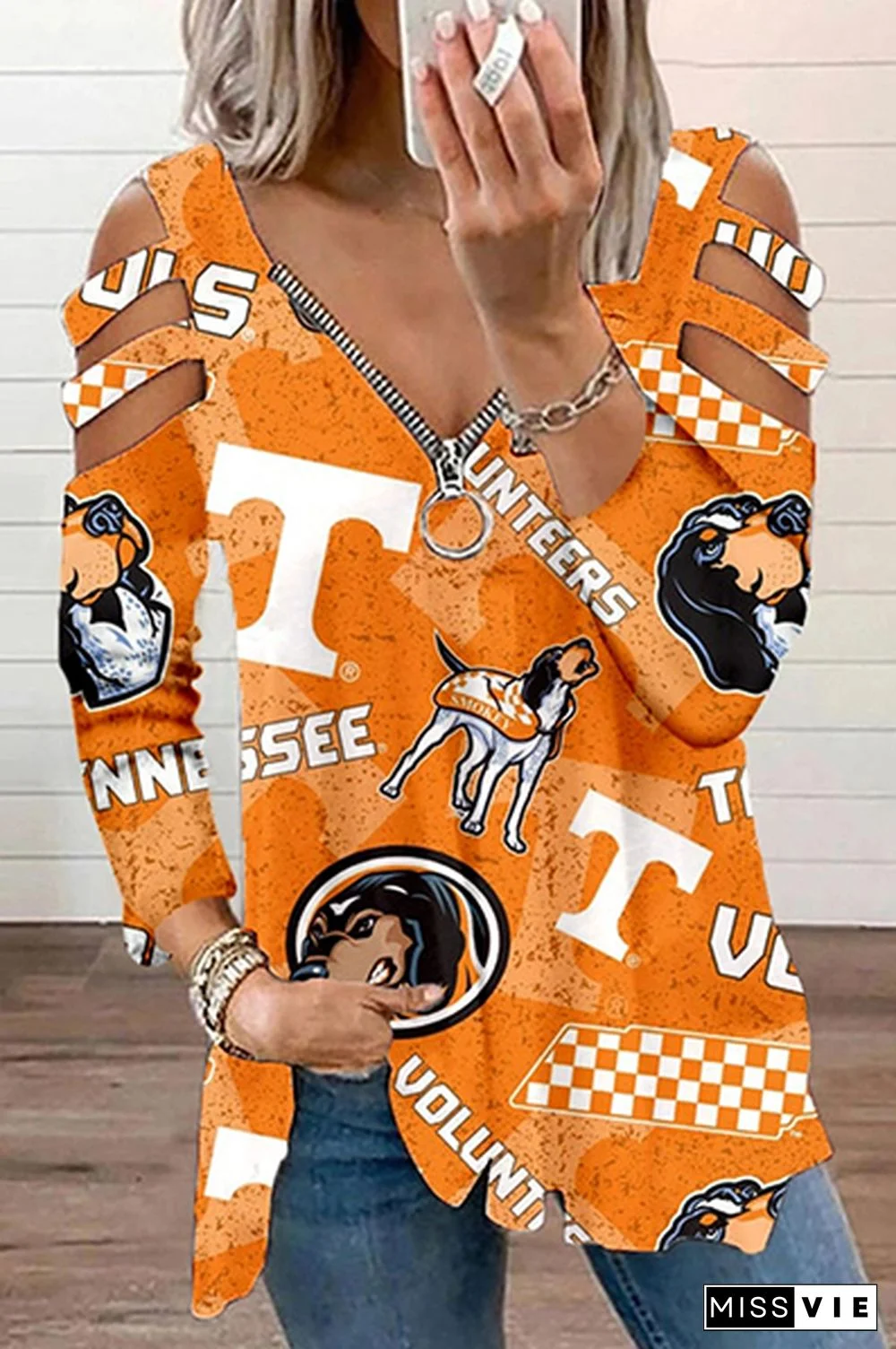 Street Print Hollowed Out Zipper V Neck T-Shirts