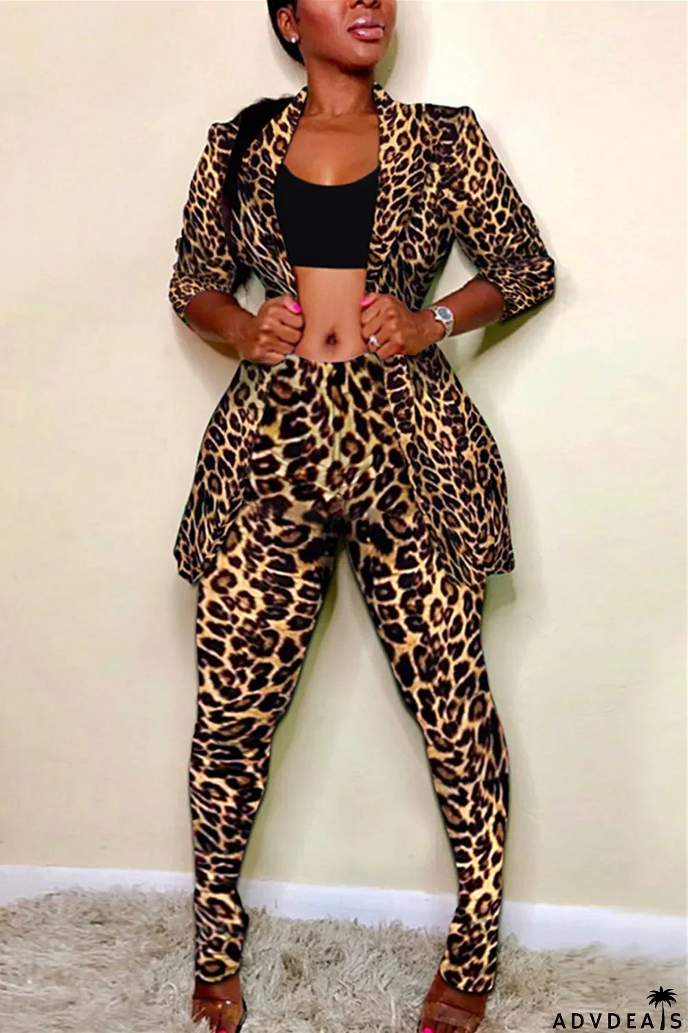 Leopard print Fashion Casual Print Long-Sleeved Two-Piece Suit
