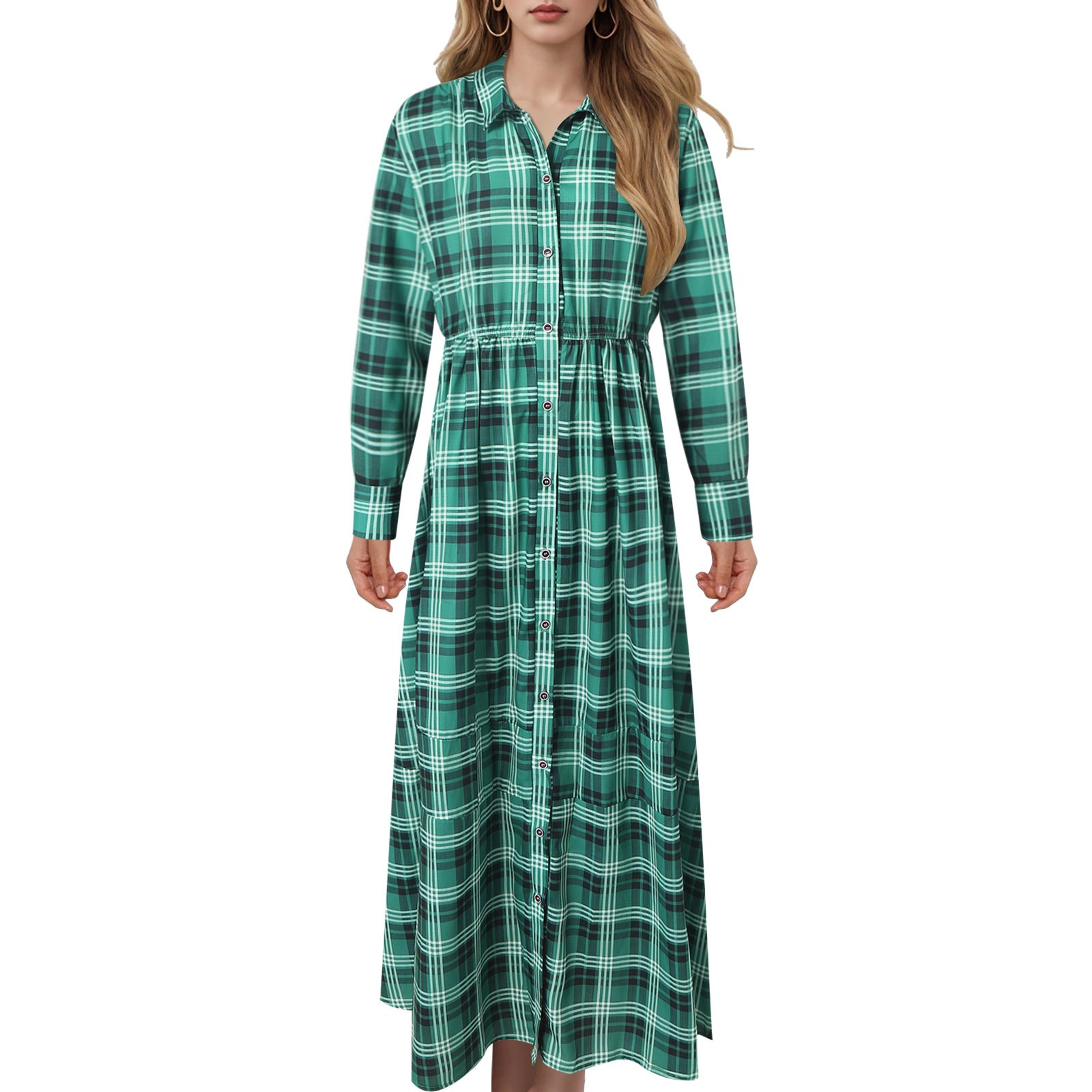 Women Summer French Long Dress Casual Fashion Vacation Plaid Colorful Dress Button Down Blouse Dress Vestidos Para Mujer
