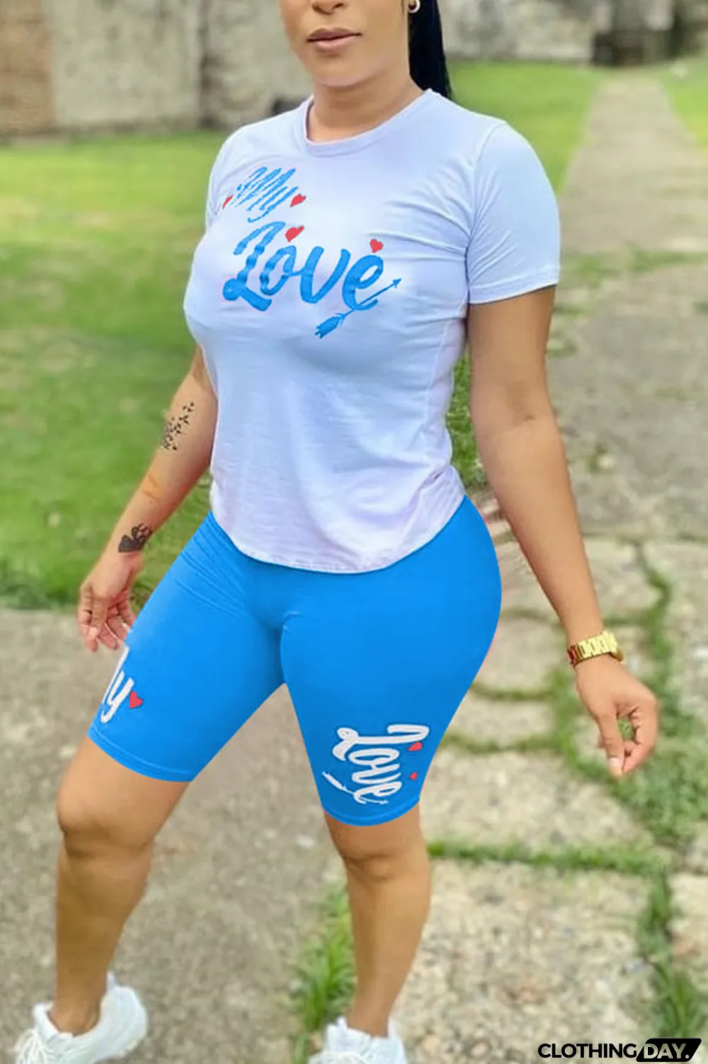 Yellow Fashion Casual Letter Print Two Piece Suits pencil Short Sleeve Two Pieces