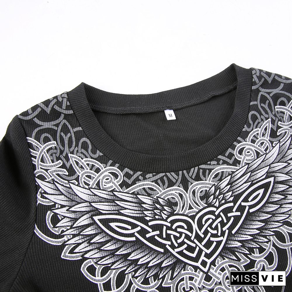 Goth Print Cute Graphic T Shirts Women Black Techwear Long Sleeve Basic Autumn Tops Cropped Tee Shirt E Girl Streetwear