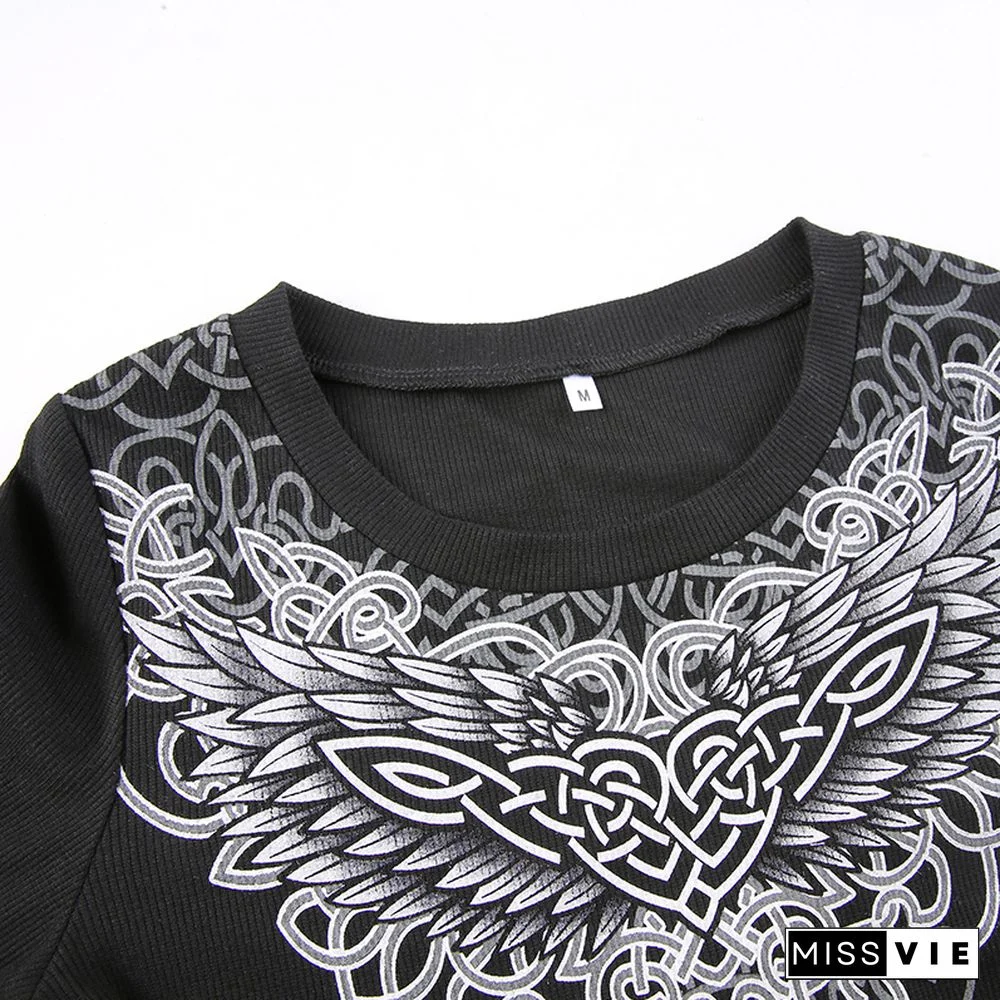 Goth Print Cute Graphic T Shirts Women Black Techwear Long Sleeve Basic Autumn Tops Cropped Tee Shirt E Girl Streetwear