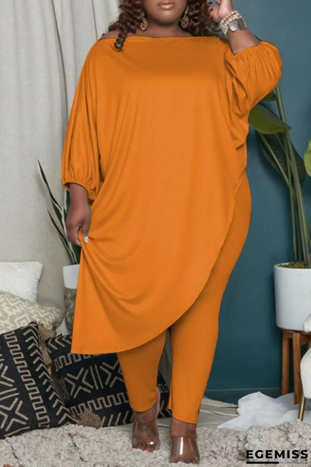 Tangerine Red Casual Solid Patchwork Asymmetrical Off the Shoulder Plus Size Two Pieces | EGEMISS