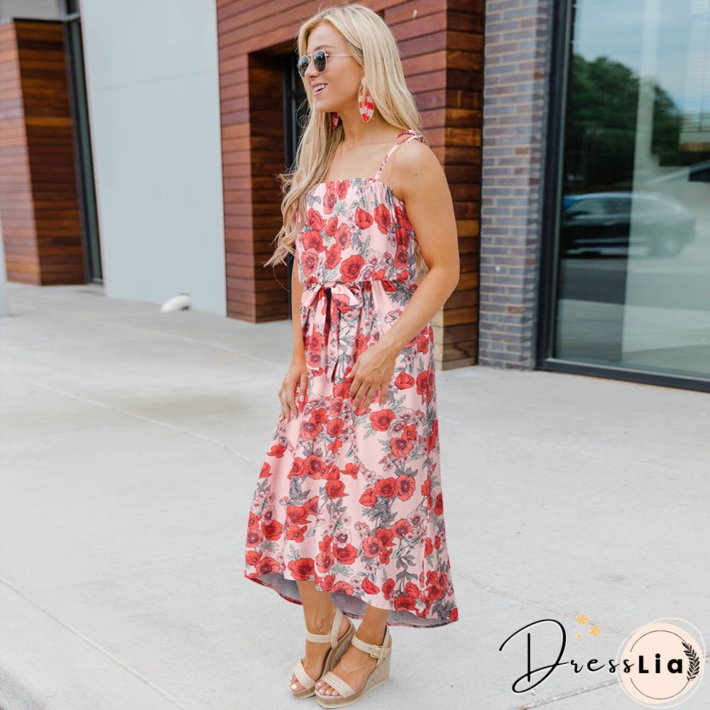 Adjustable Spaghetti Strap Floral Tie Front Sleeveless Maxi Dress