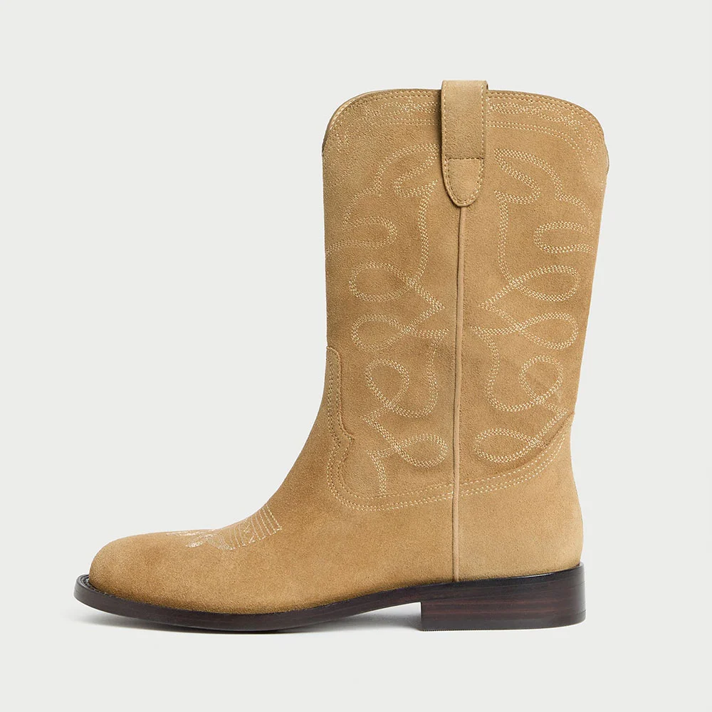 Tan Embroidered Round Toe Slip On Mid Calf Cowgirl Boots for Women