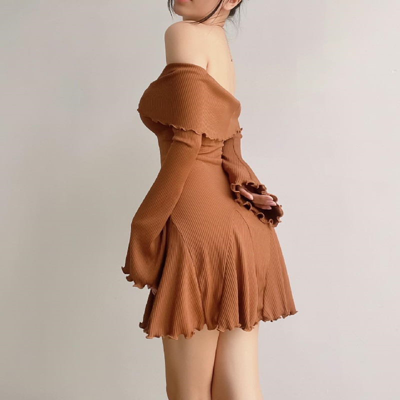 Ootddress Black Knit Ruffled Mini Dress Women Patchwork Off-Shoulder Loose Slim Fashion Ribbed Dress Knitwear Clothes Female Dress