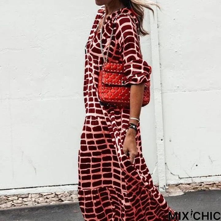Printed Loose Long Sleeve Casual V-Neck Dress Black Dresses