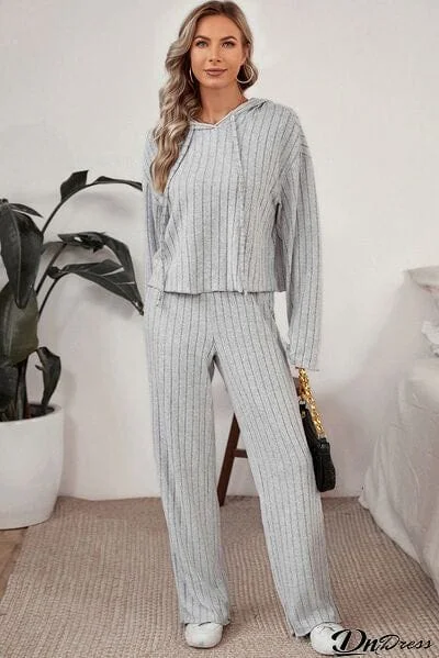 Ribbed Drawstring Hoodie and Pants Lounge Set