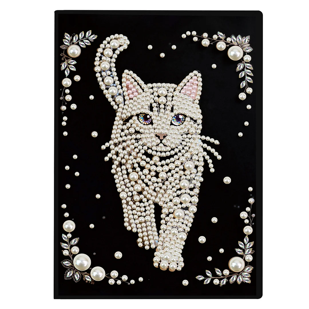 Cat Partial Pearl DIY 50 Pages A5 Diamond Painting Notebook Special Shaped Diamond Art Diary Book Kits Wireless Strip 5D Crystal Art Paintings Sketchbook for Art Drawing