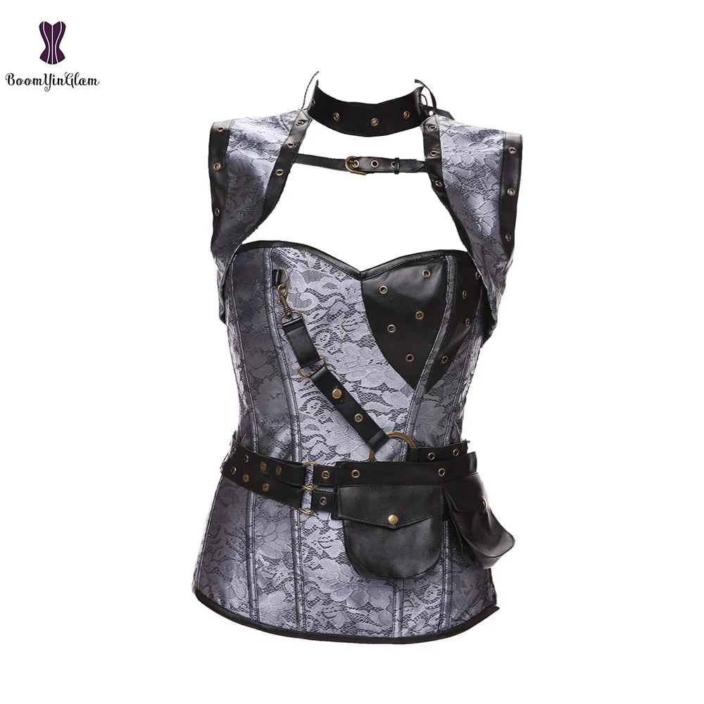 Black Women's Spiral Steel Boned Goth Retro Overbust Steampunk Bustier Corset With Jacket Plus Size 926#