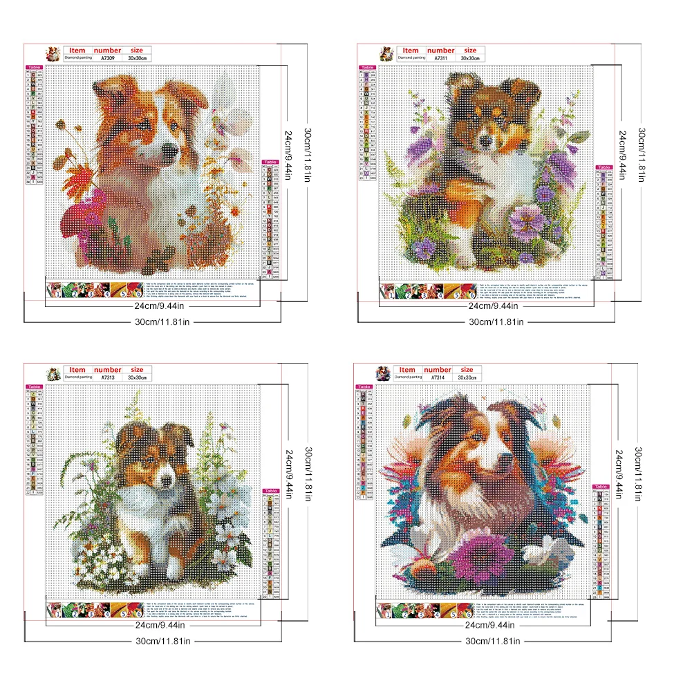 4pcs/Set Diamond Painting - Full Round Drill - Flower Dog(Canvas|30*30cm)