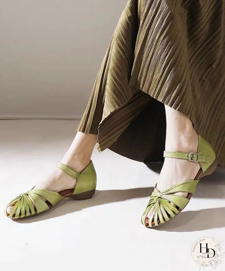 Stylish Green Cowhide Leather Cross Strap Splicing Sandals