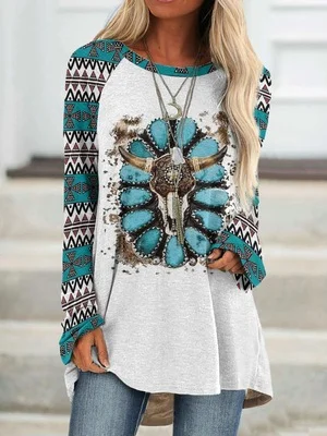 Womens Aztec Tribal Cow Skull Pattern Crew Neck Long Sleeve T-Shirt
