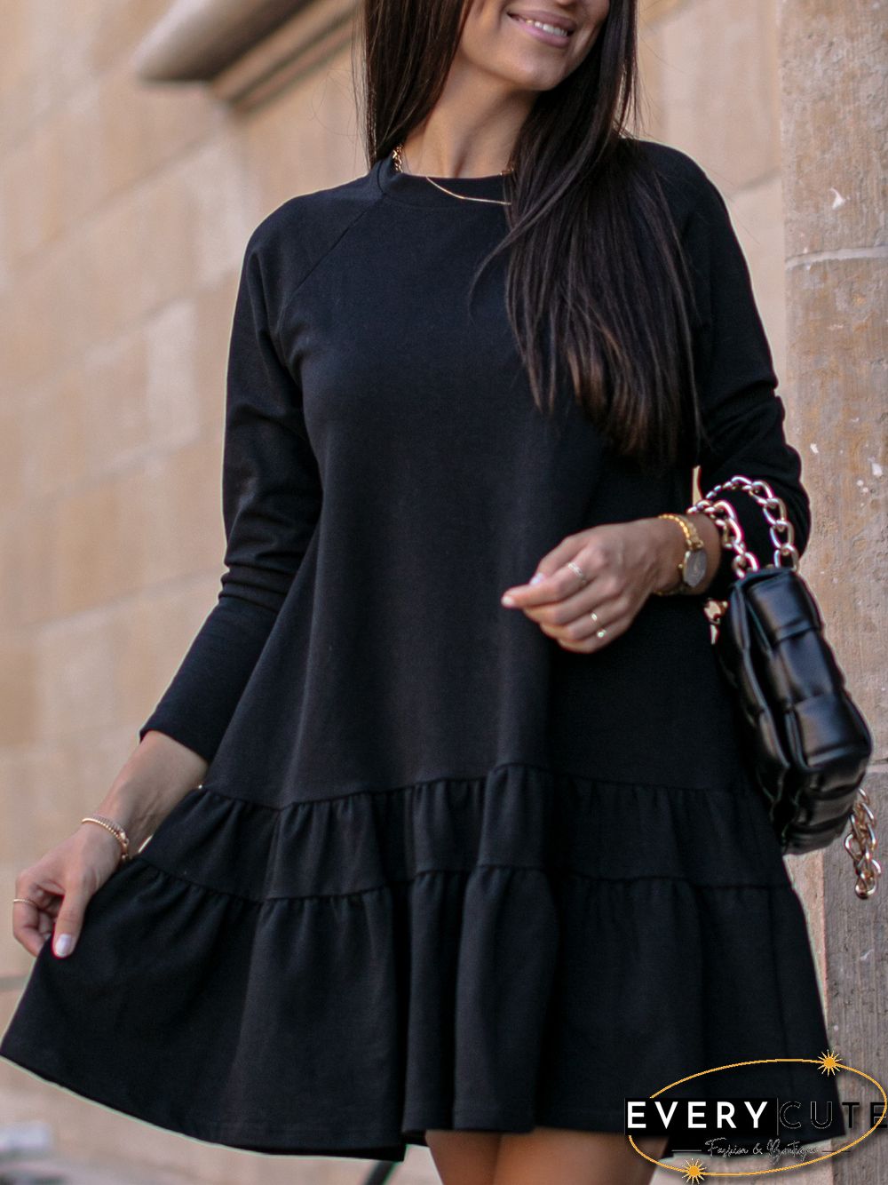 Long Sleeve Loose Round Neck Ruffled Dress At Home