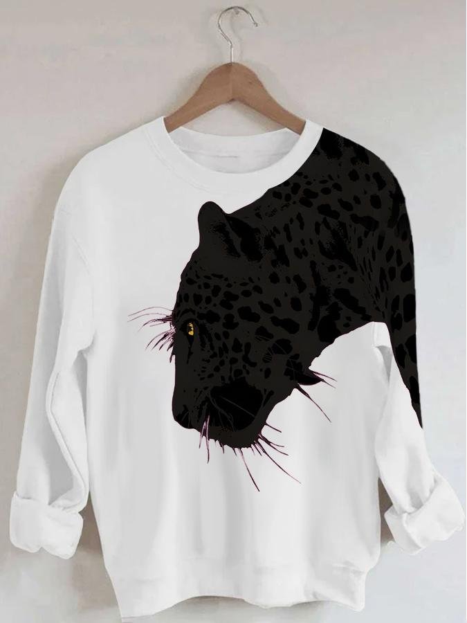 Women's Black Cheetah Print Long Sleeve Round Neck Sweatshirt