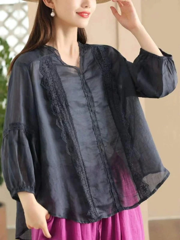 Vintage Spliced Lace Embroidered Ramie Shirt