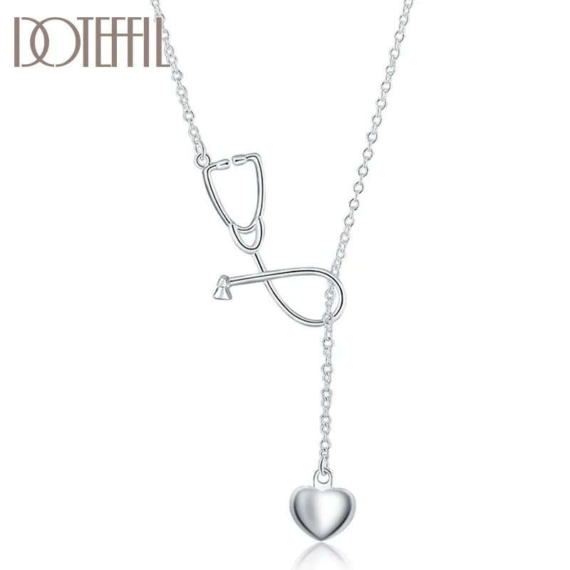 DOTEFFIL 925 Sterling Silver 18 Inch Stethoscope Heart Pendant Necklace For Women Jewelry