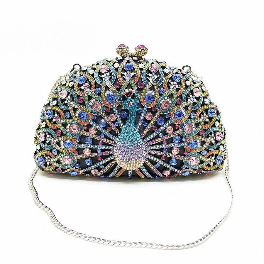 Peacock Shape Crystal Luxury Clutch Evening Bag-VESSFUL