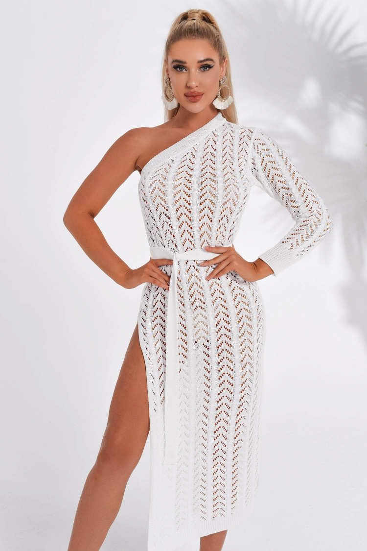 Crochet One Shoulder Slit Midi Dresses