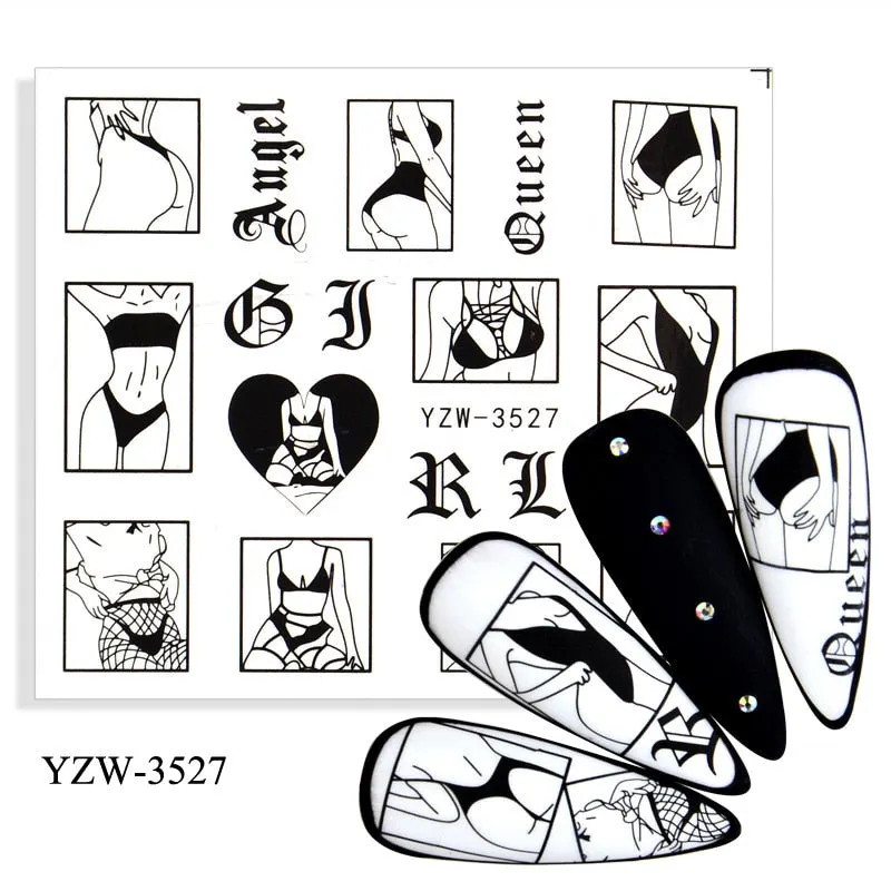 1 Sheet 3D Stickers For Nails Black Letter Leaf Flower Patterns Slider Nail Art Manicure Adhesive Tips Decals DIY Decorations-Nail Inspo