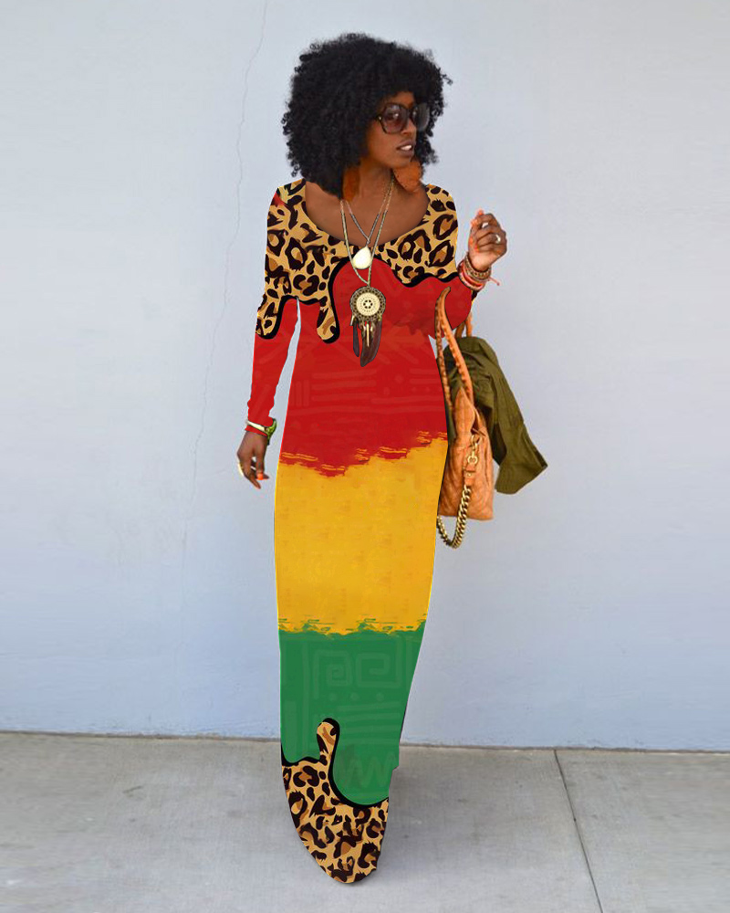 Leopard Patchwork Three-Color Print Crew Neck Long Sleeve Dress