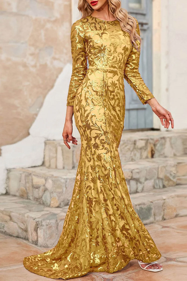 1920s Plus Size Gold Evening Sequin Long Sleeve Fitted Bodice Fishtail Maxi Dress