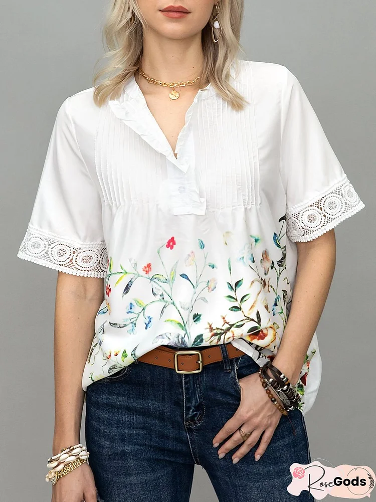 Vintage V Neck Short Sleeve Floral Shirt