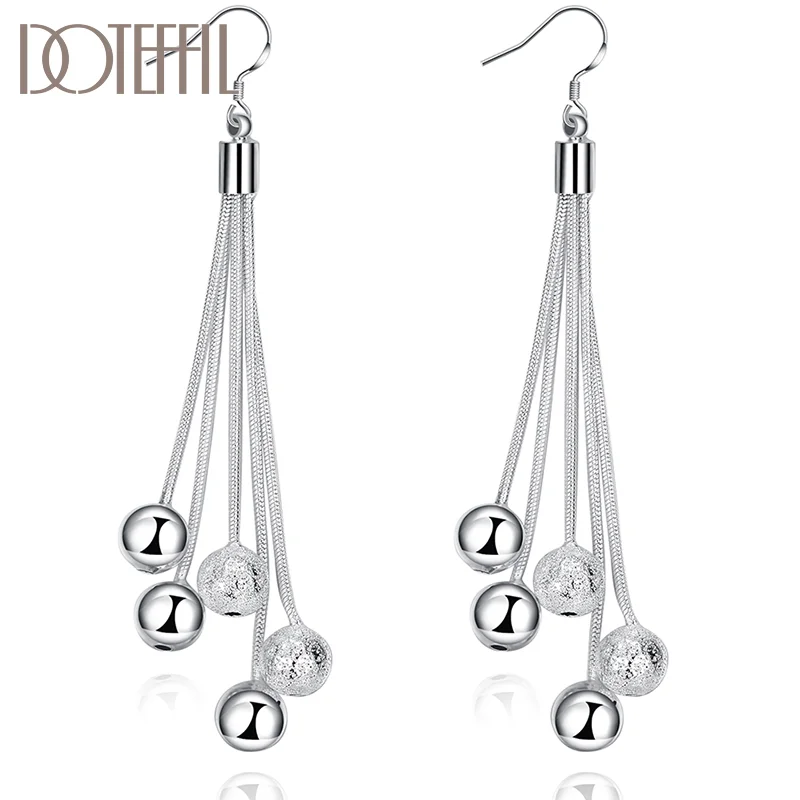 DOTEFFIL 925 Sterling Silver Five Line Snake Chain Smooth Frosted Beads Ball Earring For Women Jewelry