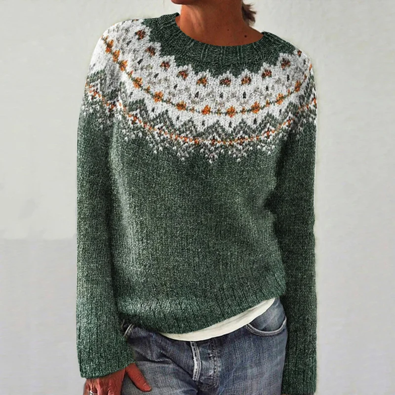 Icelandic Grass Pattern Jacquard Crew Neck Sweater