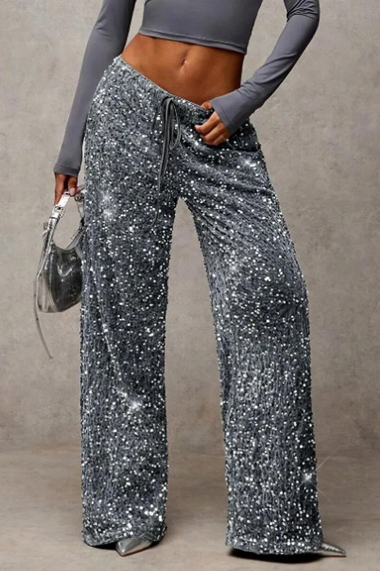 Straight Leg Pants with Drawstring Waist and Sequins