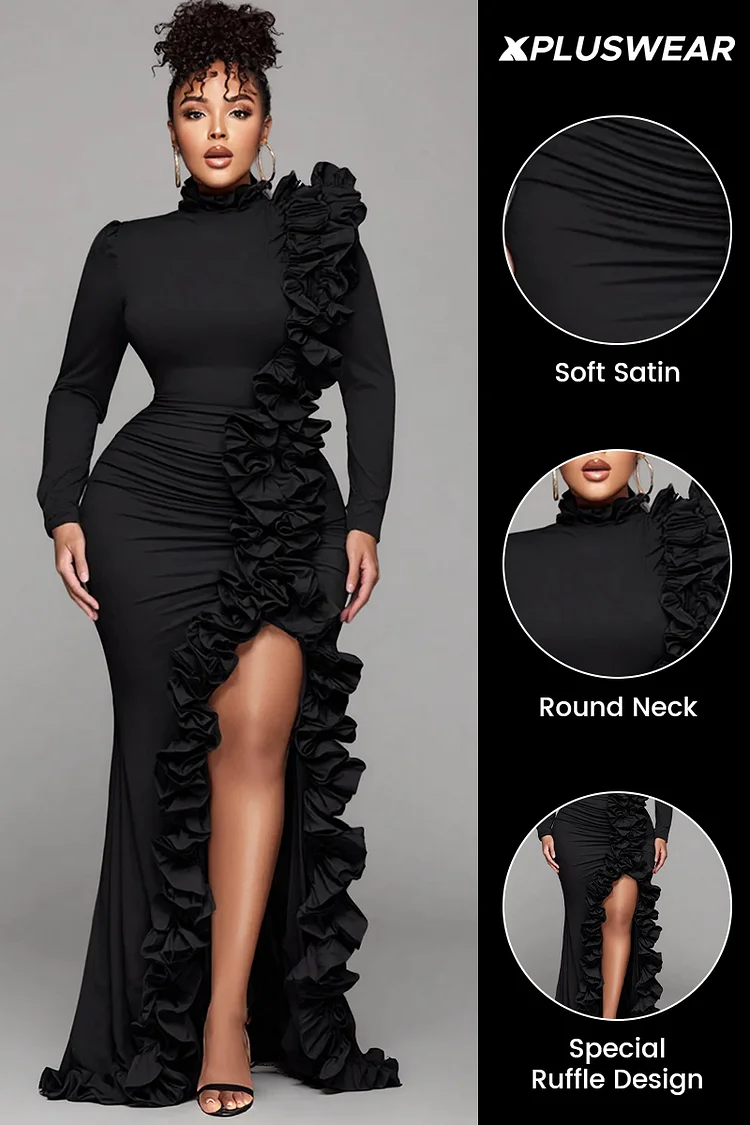 Xpluswear Design Plus Size Formal Black Round Neck Long Sleeve Split Elegant Ruffle 3D Satin Maxi Dresses [Pre-Order]