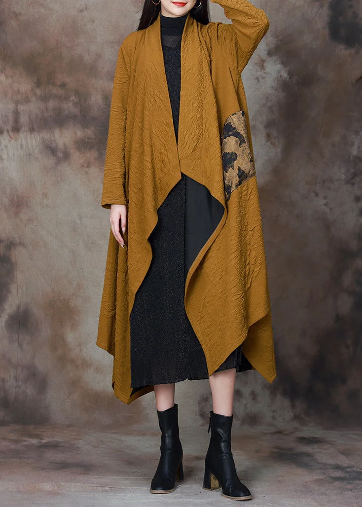 Women Yellow Asymmetrical Patchwork Cotton Loose Cardigan Spring